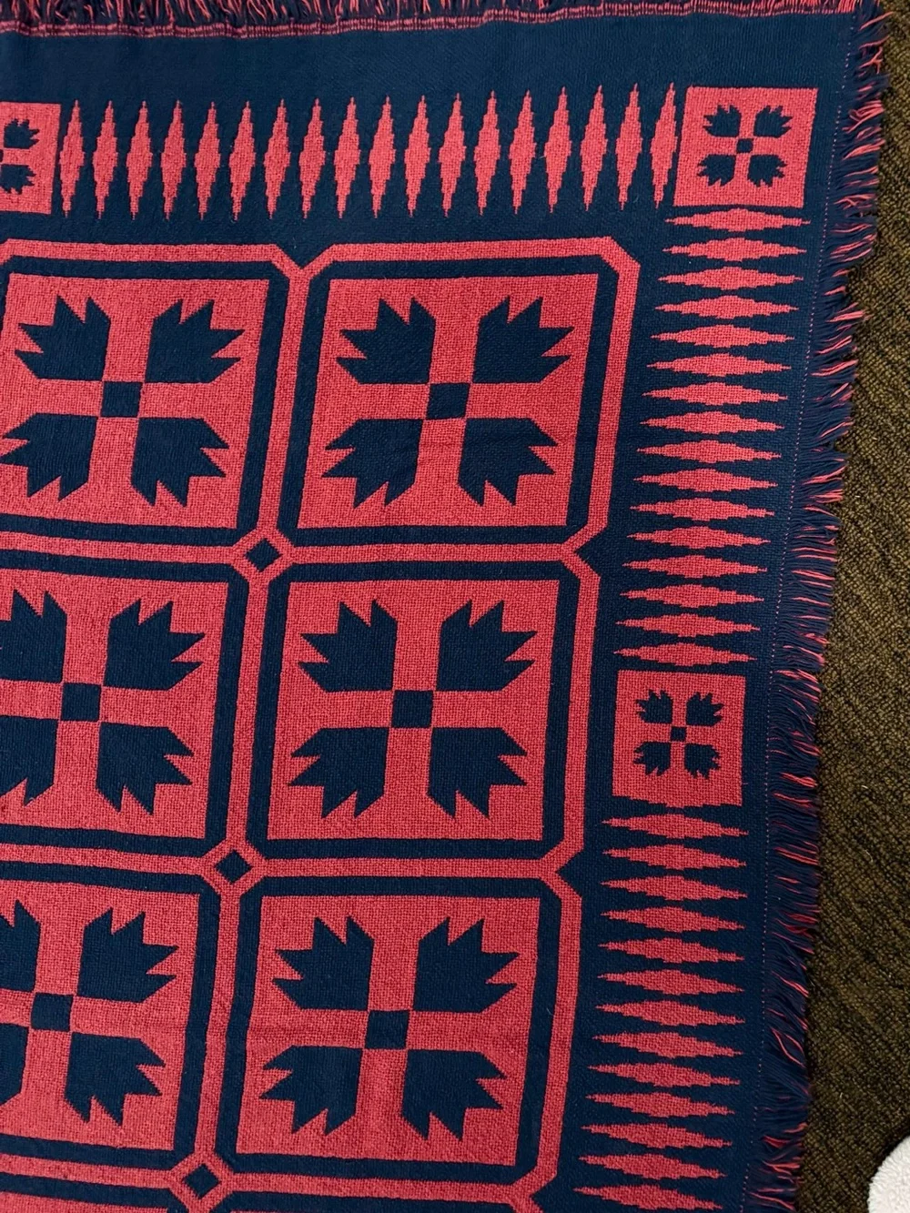 Hand‑Woven Cotton Throw / Small Accent Rug – Navy & Red – Artisan Mark – 48” x 5